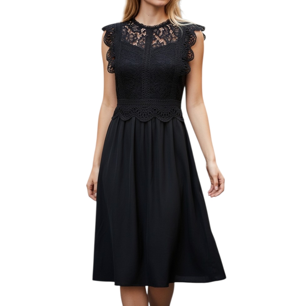 Loft Black Lace Mixed Media Midi Dress Crochet Flutter Sleeve LBD Cocktail Sz 4